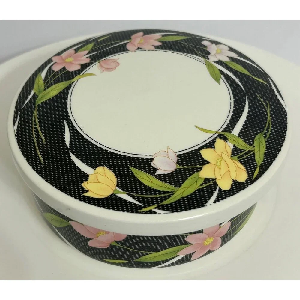 Vintage Oriental Floral Trinket / Jewelry Dish w/ Lid Black Yellow Pink Korea